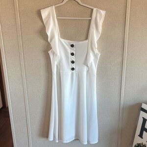 Boohoo White Ruffle Skater Dress Sz 16 Plus Button Detail Fit & Flare Feminine